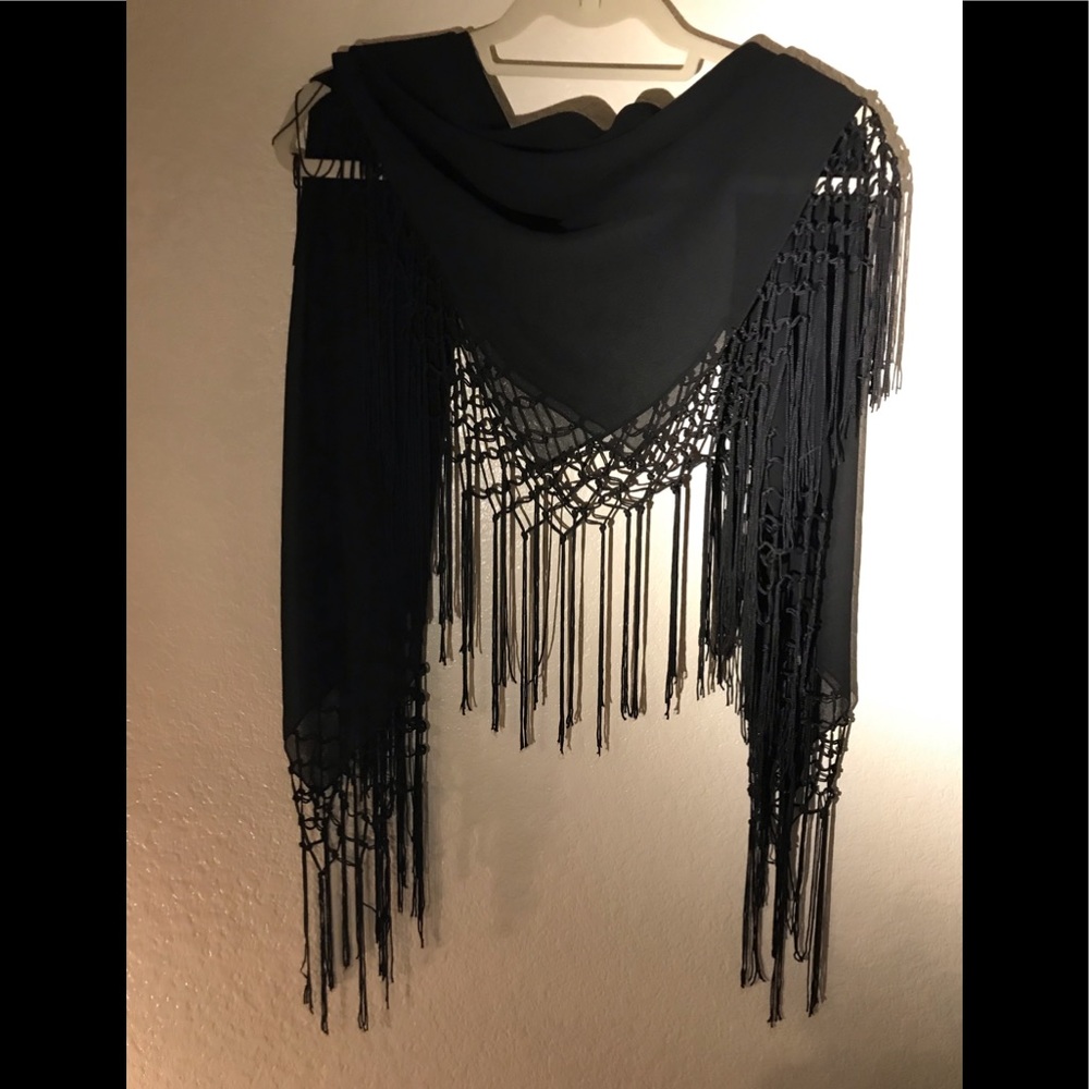 Black sheer, fringed scarf